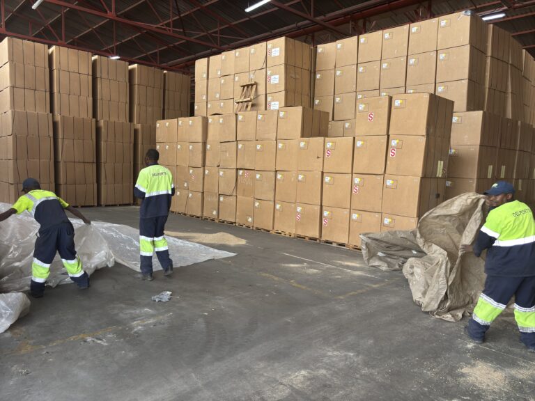 Delports’ safety-trained professionals, in high-visibility branded uniforms, meticulously remove recyclable tarpaulins from fumigated tobacco stacks following CORESTA guidelines. This ensures safe and efficient ventilation, preparing the export-ready cartons for the next supply chain phase at Ceva Logistics warehouse in Harare. Delports Pest Control Team Safely Removing Recyclable Tarpaulins Post-Fumigation at Ceva Logistics Warehouse in Harare
