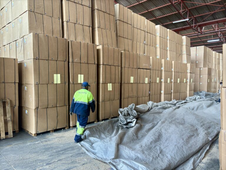 Delports’ safety-trained professionals, in high-visibility branded uniforms, meticulously remove recyclable tarpaulins from fumigated tobacco stacks following CORESTA guidelines. This ensures safe and efficient ventilation, preparing the export-ready cartons for the next supply chain phase at Ceva Logistics warehouse in Harare. Delports Pest Control Team Safely Removing Recyclable Tarpaulins Post-Fumigation at Ceva Logistics Warehouse in Harare